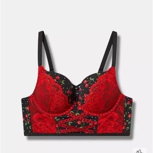 Torrid cherry print and red lace long line boost push up bra